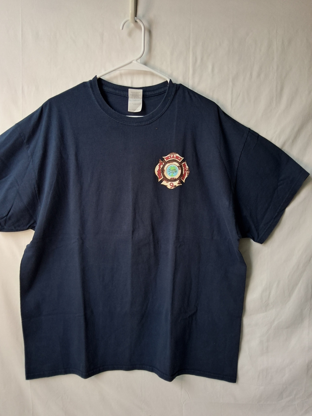 Miami Fire House Navy Blue Tee with Small Red & Gold Firefighter Patch